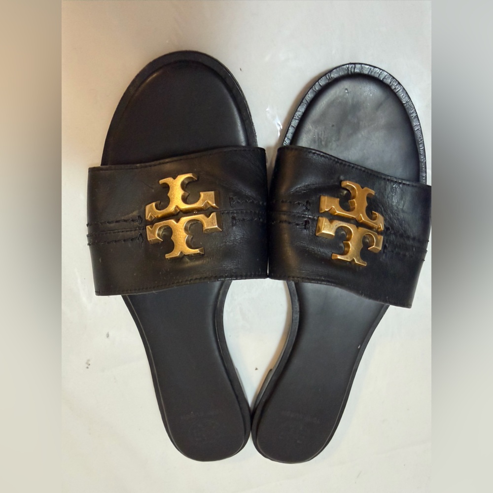 Tory Burch Black Slides with Gold Emblem
